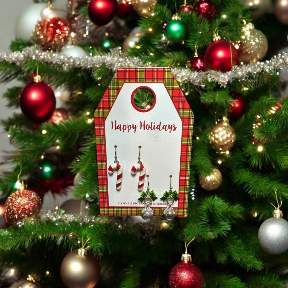 Holiday Hypo Allergenic Candy Cane Bell Earrings Set With Festive Plaid Backing